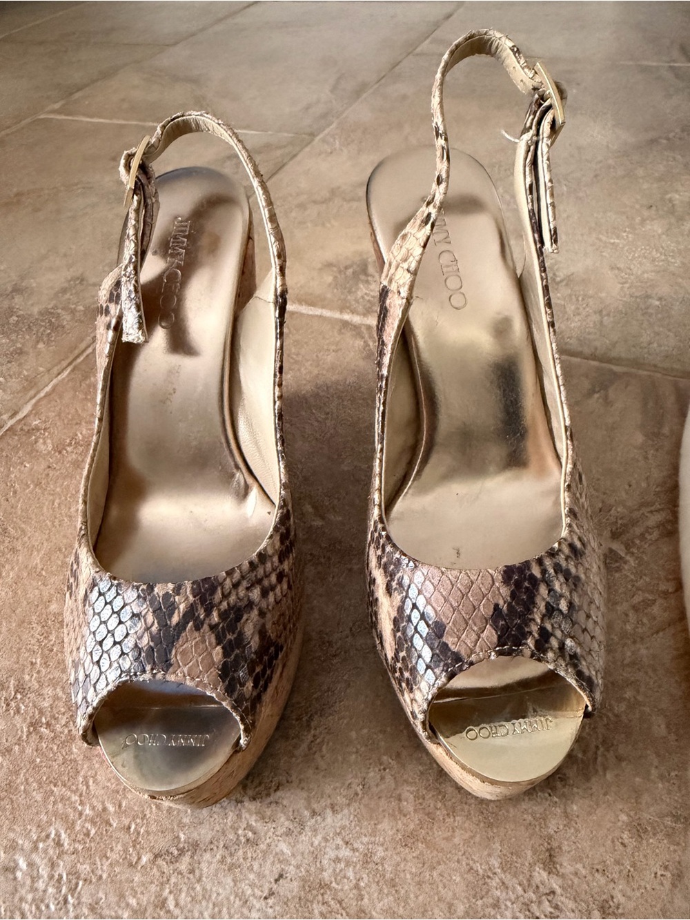 Jimmy Choo Snake-Print Slingback Peep-Toe Wedges in Brown Size 5.5